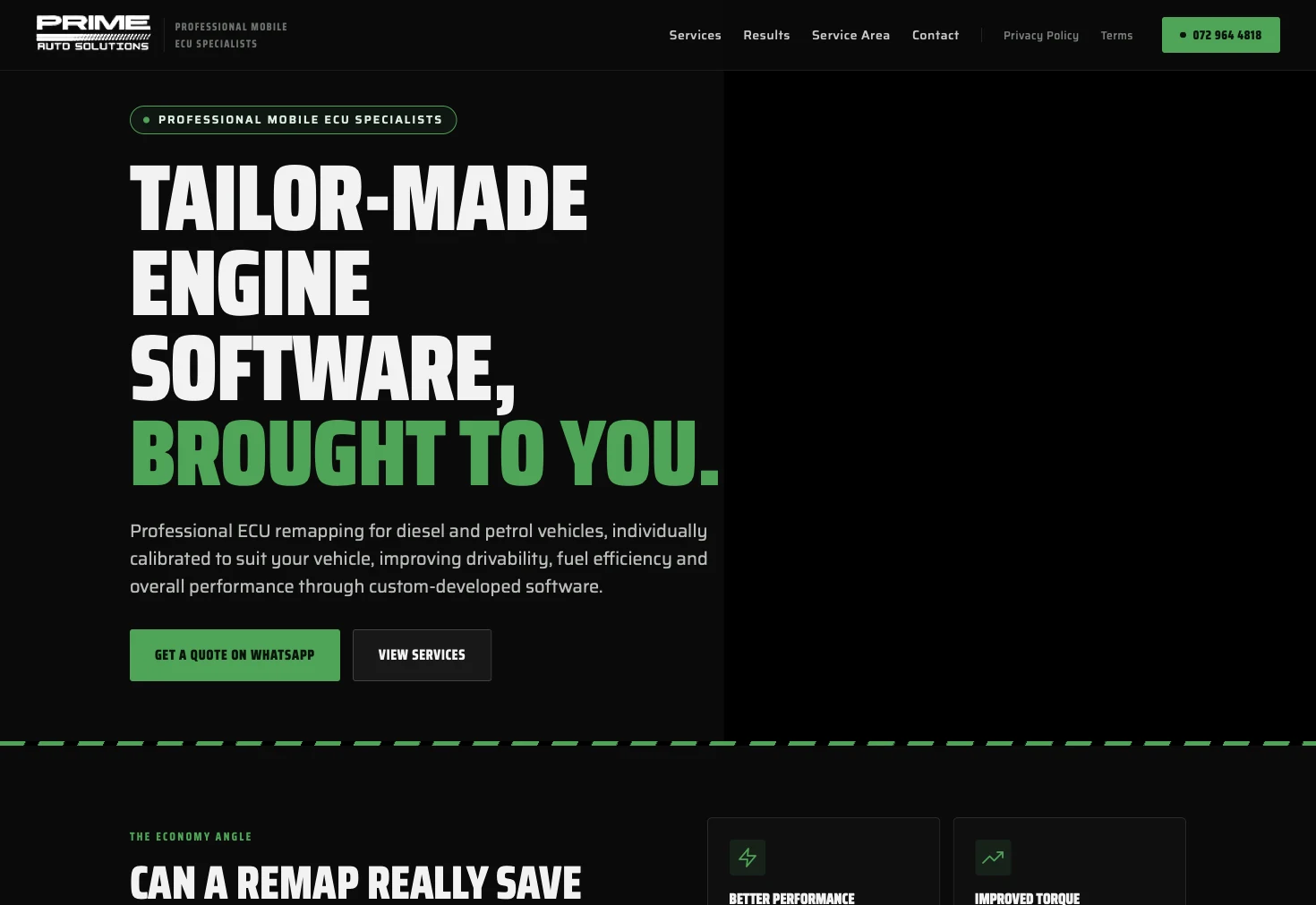 The Prime Auto Solutions home page — the headline “Tailor-made engine software, brought to you” over a black background, with a WhatsApp quote button.
